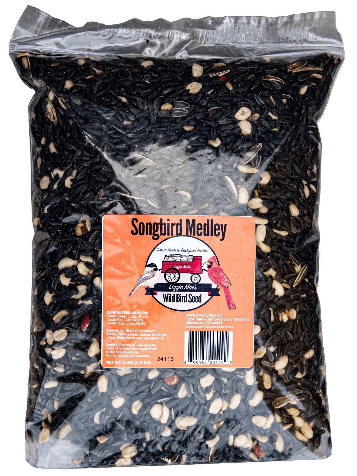 JCS Wildlife Songbird Medley 5lb Loose Seed Bag with mix of sunflower seeds and peanuts for wild birds