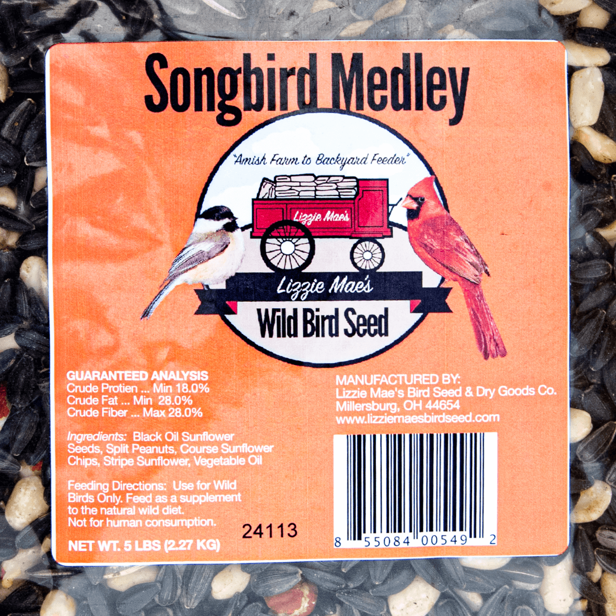 JCS Wildlife Songbird Medley 5lb Loose Seed Bag with premium black oil sunflower seeds, split peanuts, coarse sunflower chips, and stripe sunflower