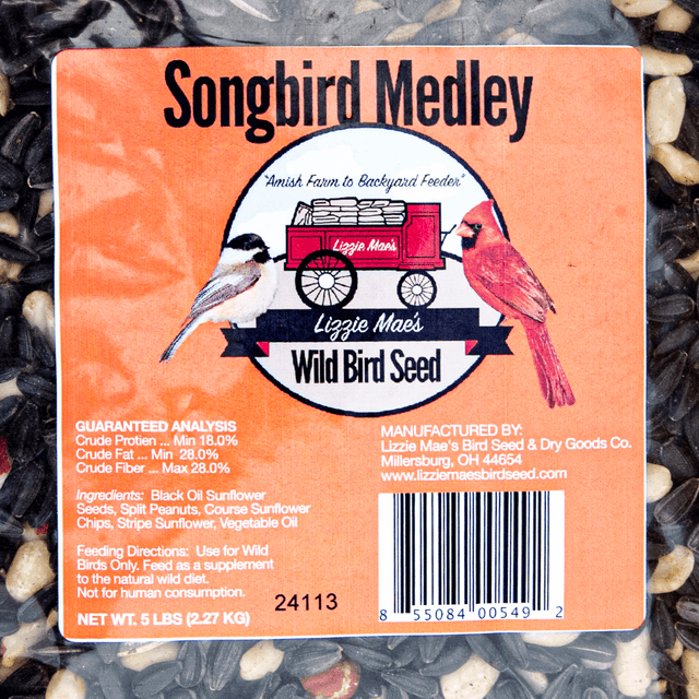 JCS Wildlife Songbird Medley 5lb Loose Seed Bag with premium black oil sunflower seeds, split peanuts, coarse sunflower chips, and stripe sunflower