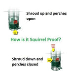 Squirrel Buster Classic Wild Bird Feeder demonstrating shroud up with perches open and shroud down with perches closed for squirrel proofing.