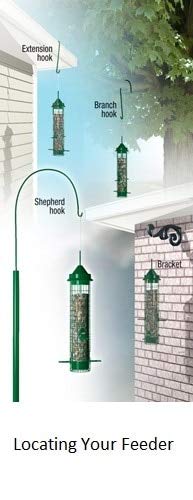 Diagram showing different mounting options for Squirrel Buster bird feeders using extension hook, branch hook, shepherd hook, and bracket.