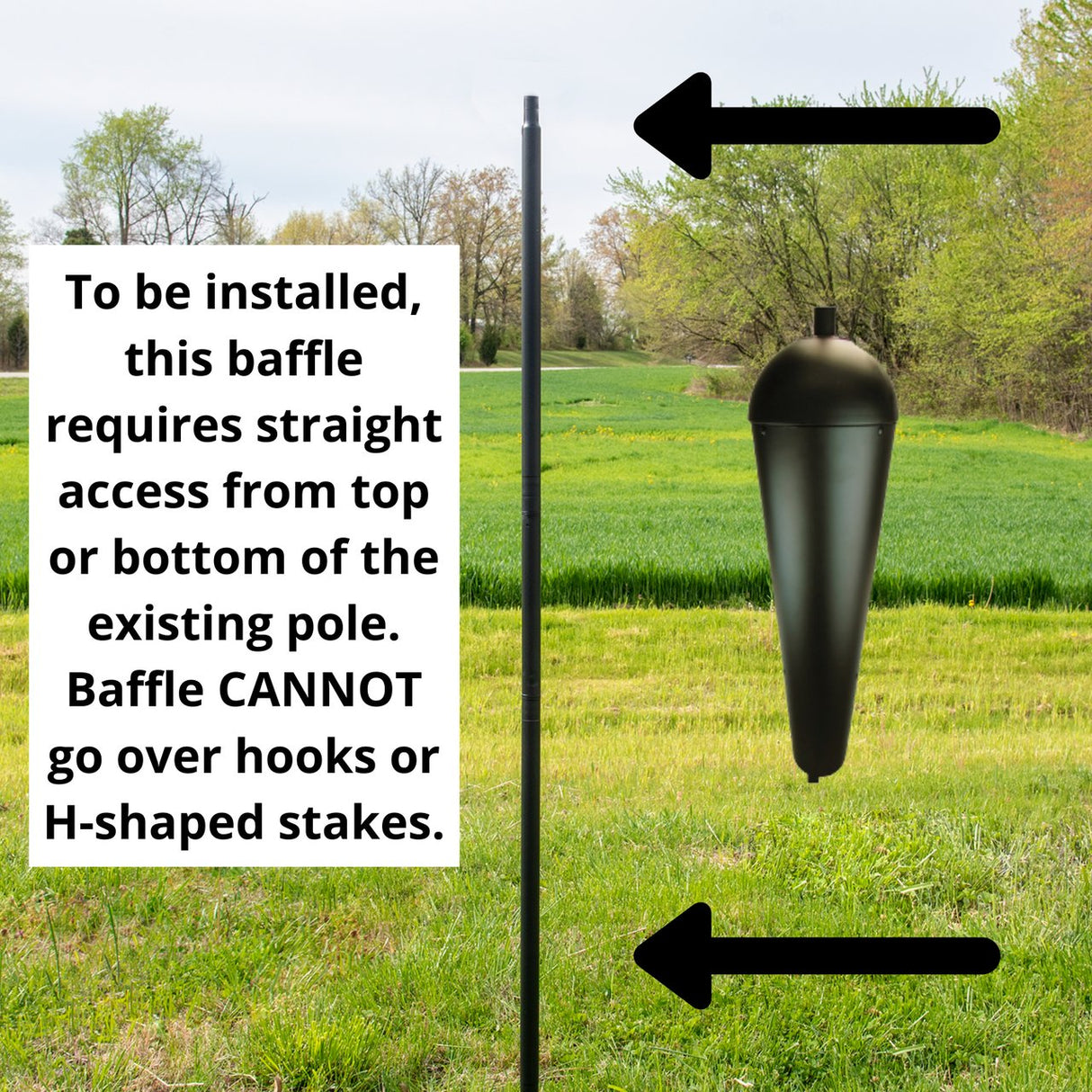 Squirrel Stopper Metal Baffle installation requirements, showing straight access from top or bottom of existing pole, with directional arrows.