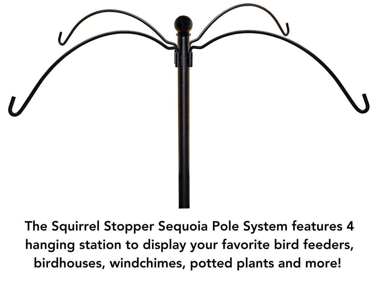 Squirrel Stopper Sequoia Pole System with 4 hanging stations for bird feeders, birdhouses, windchimes, and potted plants.