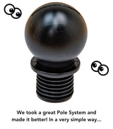 Close-up of a black pole system component with text "We took a great Pole System and made it better! In a very simple way..." and two eye graphics.