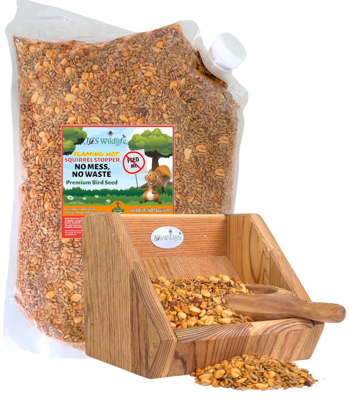 Seed Scoop and Bag Display of JCS Wildlife Squirrel Stopper No Mess, No Waste Loose Seed