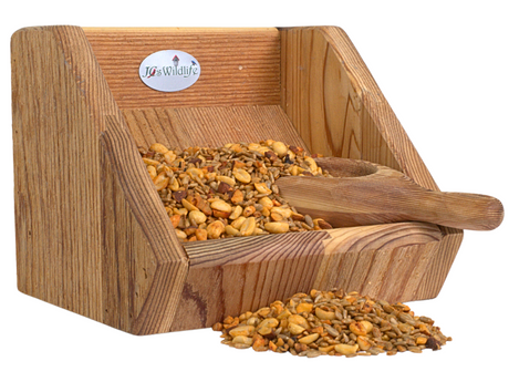 Seed Scoop Display of JCS Wildlife Squirrel Stopper No Mess, No Waste Loose Seed