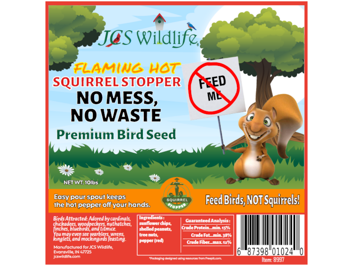 JCS Wildlife Squirrel Stopper No Mess, No Waste 10lbs Loose Seed Bag Product Label