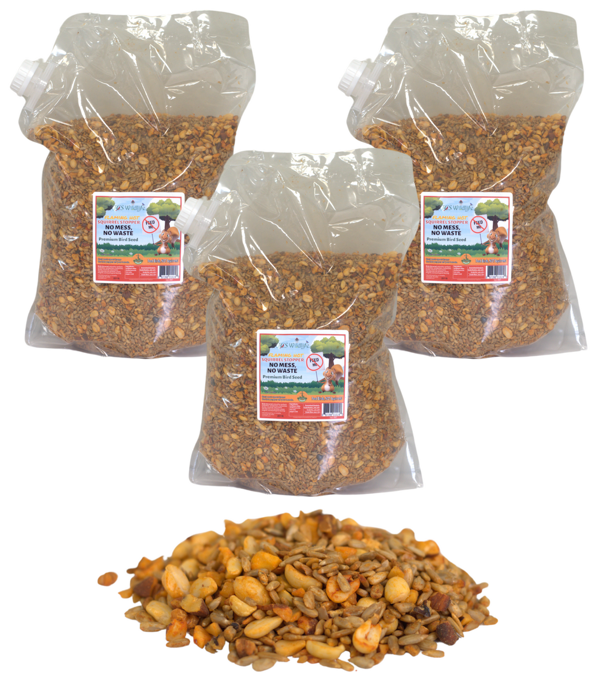 Three Pack JCS Wildlife Squirrel Stopper No Mess, No Waste 10lbs Loose Seed Bags