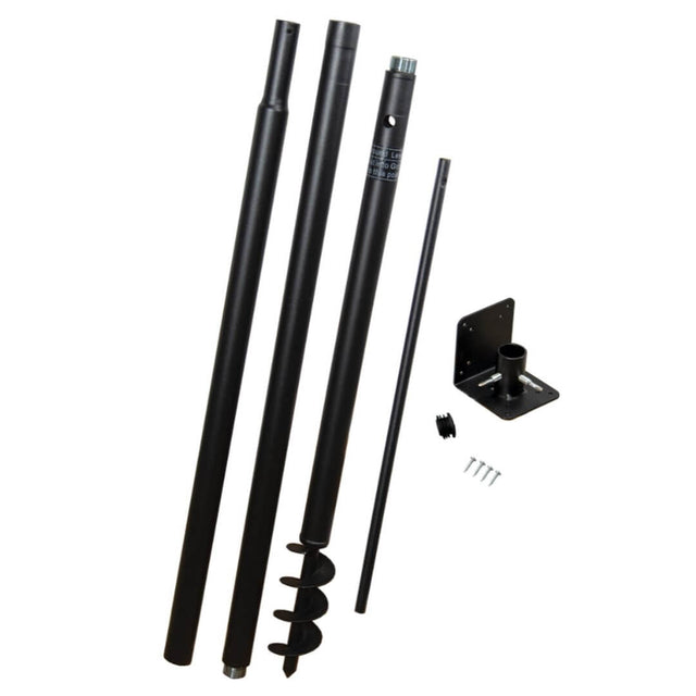 Universal mounting pole kit for bird houses and feeders, heavy-duty design with threaded connections in an open box package