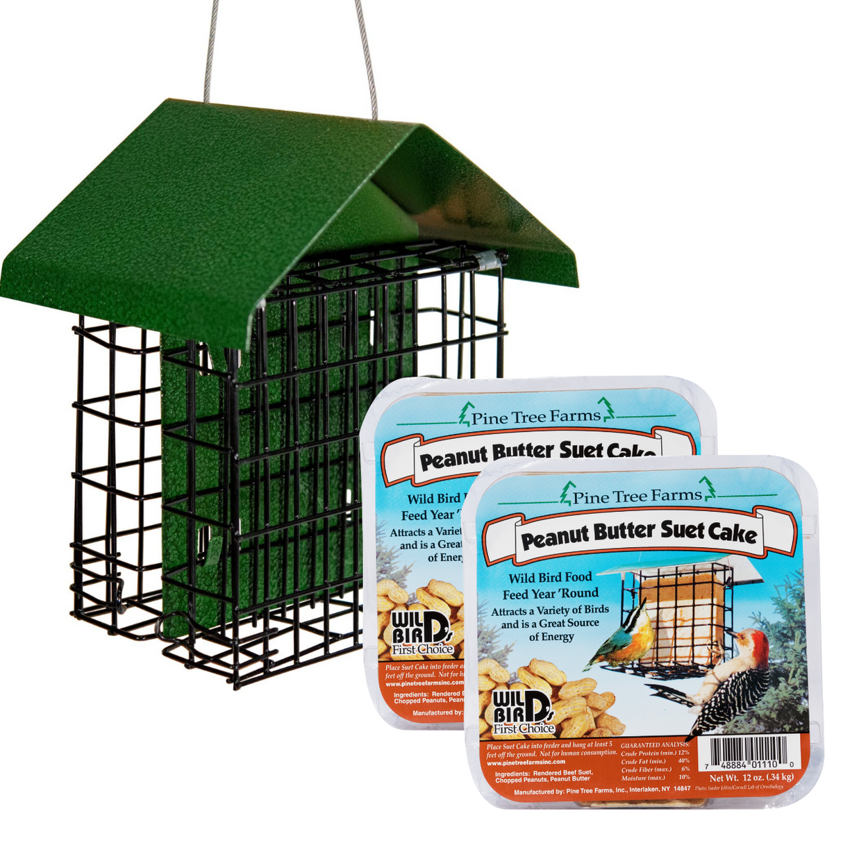 JCS Wildlife Metal House Double Suet Cage with Hammered Style Roof -with 2 Peanut Butter Suet (Green)