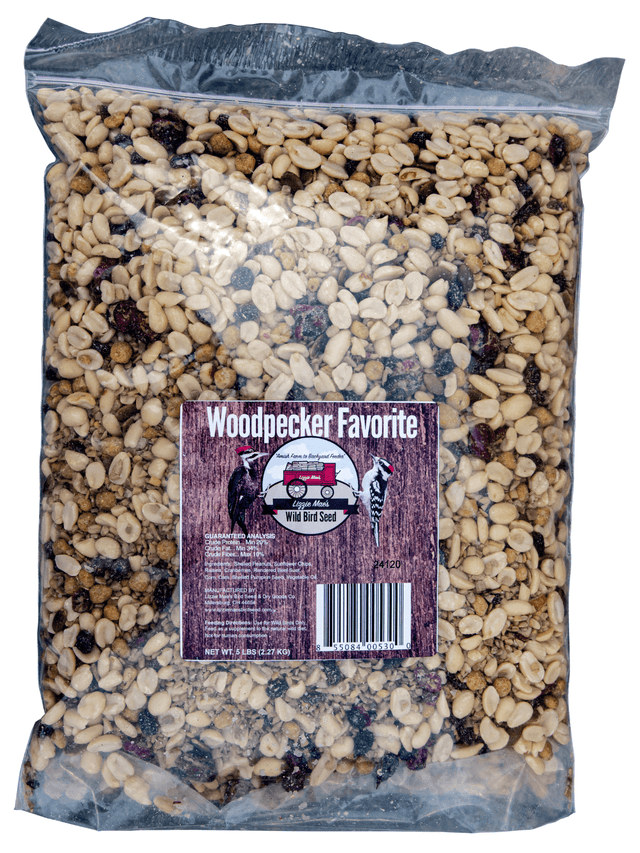 JCS Wildlife Woodpecker Favorite 5lb Loose Seed Bag featuring a shell-free mix with suet, nuts, and dried fruit, perfect for attracting woodpeckers.