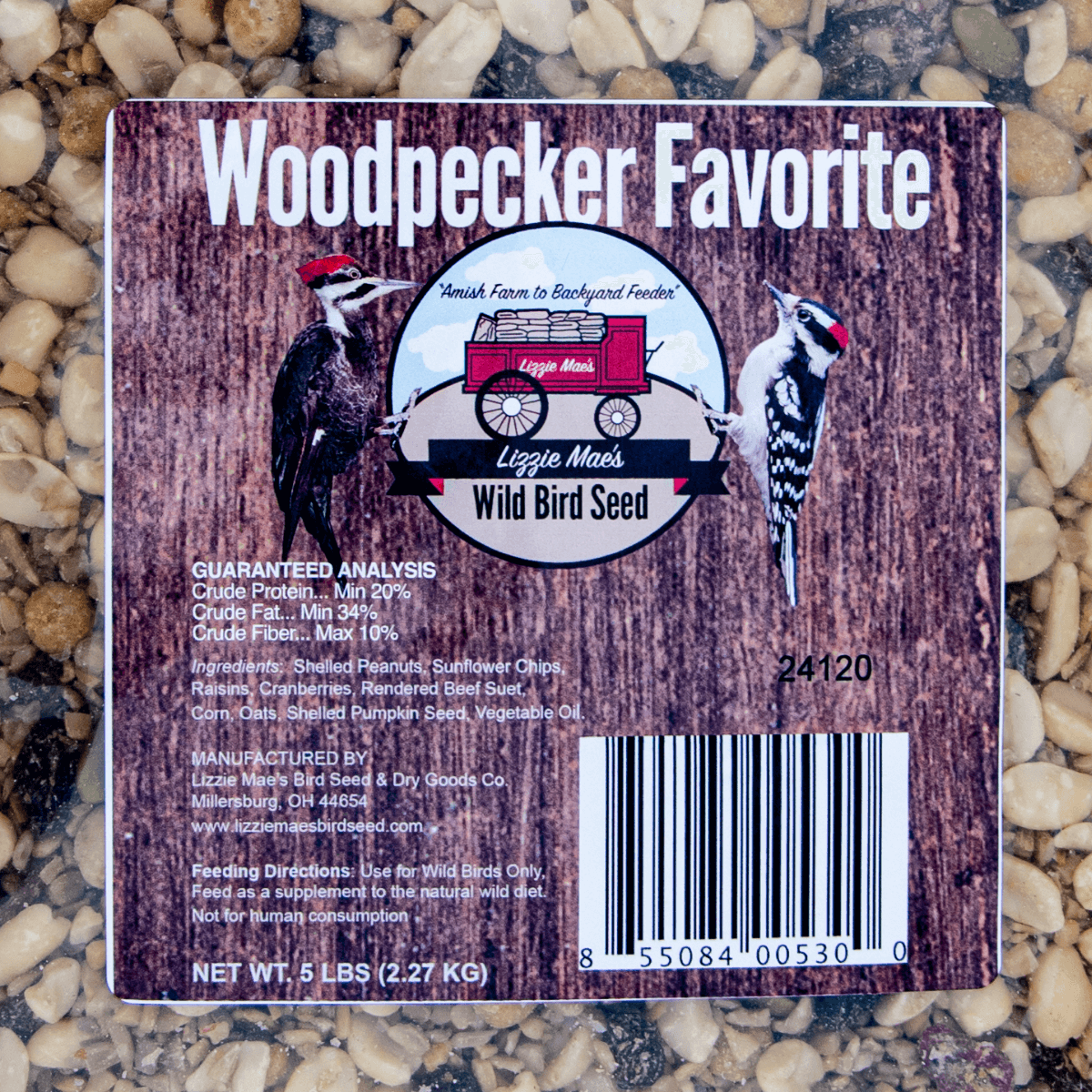 JCS Wildlife Woodpecker Favorite 5lb Loose Seed Bag with suet, nuts, and dried fruit for woodpeckers and clingers.