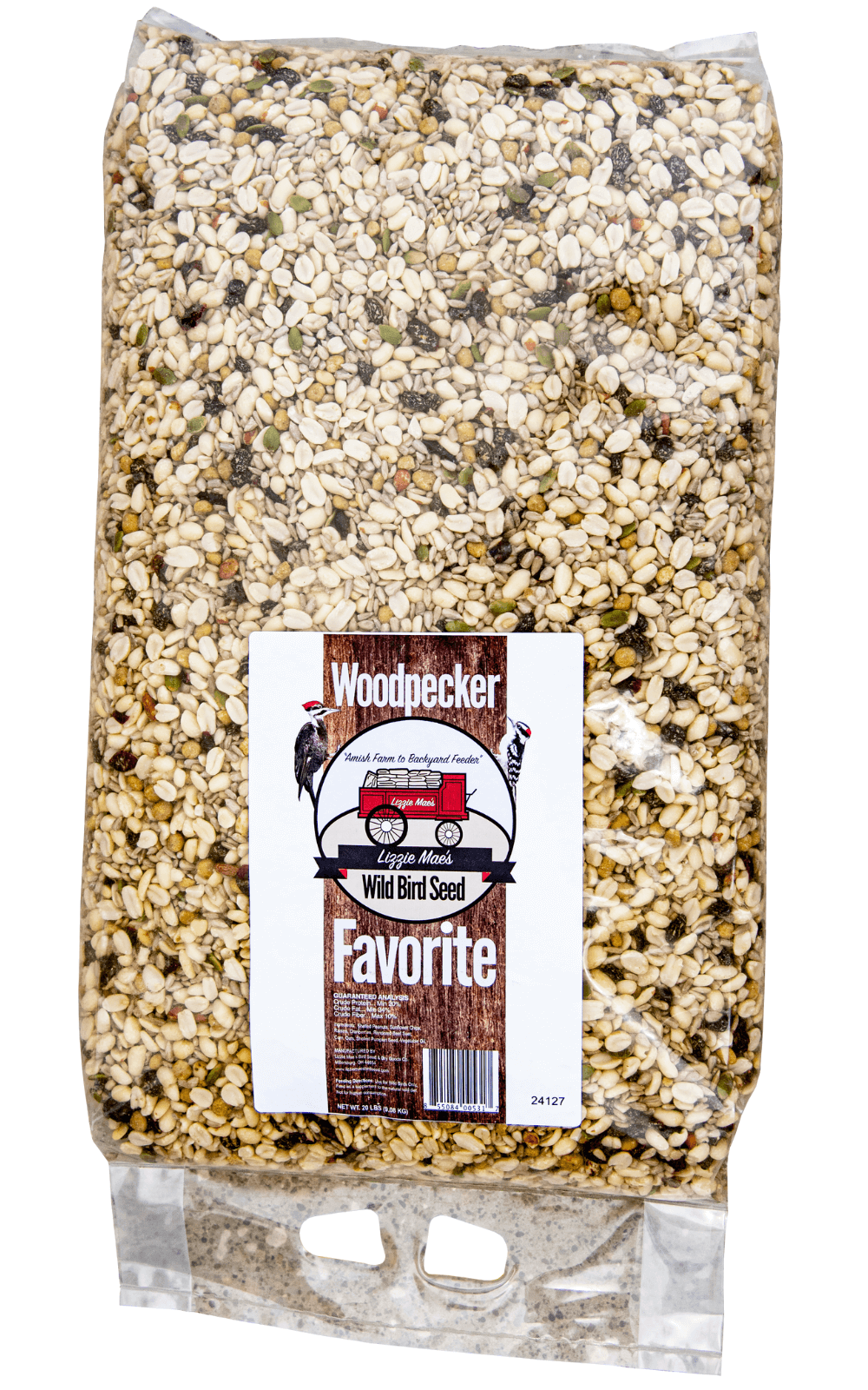 JCS Wildlife Woodpecker Favorite 20lb Loose Seed Bag with suet, nuts, and dried fruit, ideal for woodpeckers and other clingers.