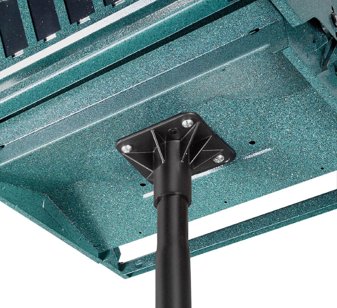 Close-up view of the pole and mounting bracket of Absolute II Squirrel-Proof Bird Feeder Green Heritage Farms 7536.