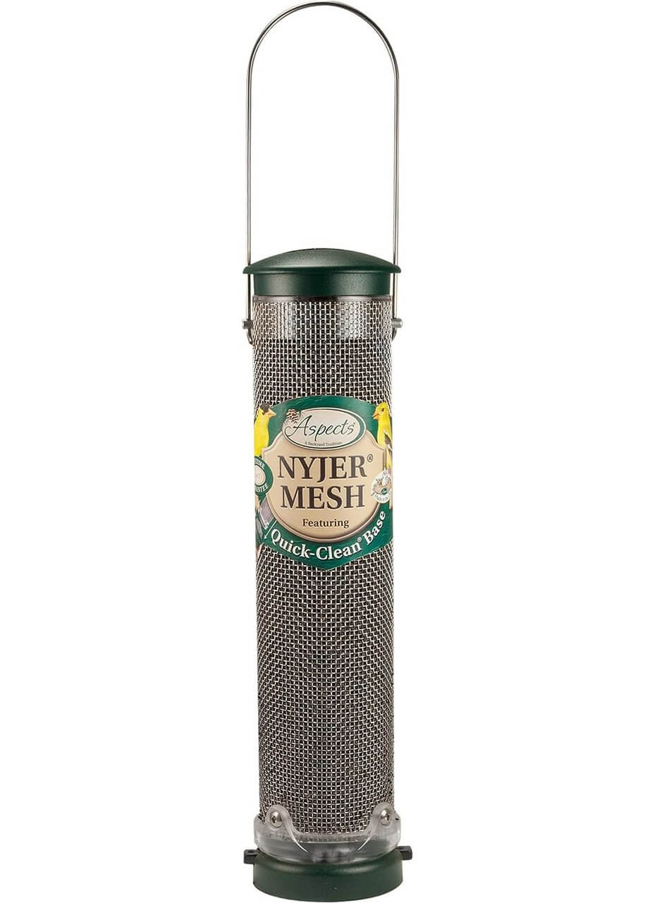 Aspects 439 Nyjer Mesh Birdfeeder with Quick-Clean Base, stainless steel mesh for attracting finches.
