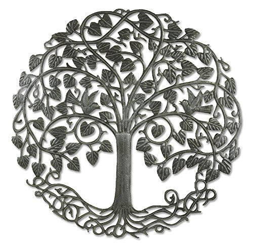 Haitian handcrafted Circle Tree of Life wall art made from steel oil drums, depicting the connection of roots and branches in a circular design.