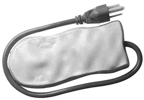 Photograph of an electric heating pad with a gray cord and textured white surface featuring a three-prong plug