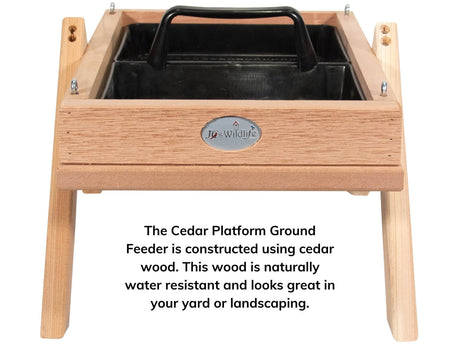 JCS Wildlife Cedar Platform Ground Feeder Large with removable tray for easy filling and cleaning, attracts diverse birds, water-resistant wood