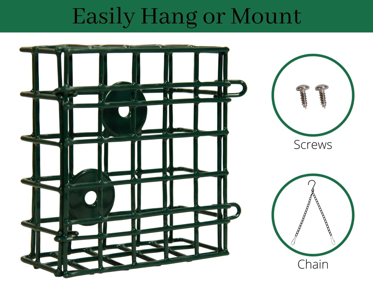 JCs Wildlife Single Suet Cage Bird Feeder with screws and chain for easy hanging or mounting