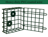 Heavy duty PVC coated wire suet cage, open and ready to hold suet cakes, seed cakes, fruit, or nesting material