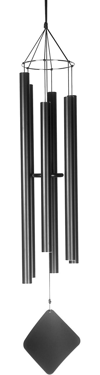 Metal wind chime with multiple black tubes a circular top and a diamond-shaped clapper hanging against a white background
