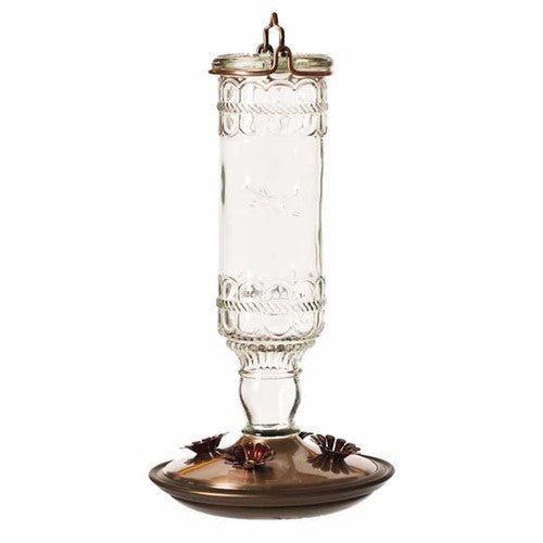 Perky-Pet 8107 Antique Bottle Glass Hummingbird Feeder 10 oz with 4 feeding ports and metal hanger, clear glass design