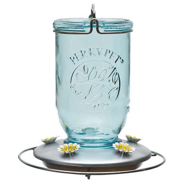 Perky-Pet Mason Jar Glass Hummingbird Feeder with 32 oz capacity, metal base, and 5 decorative feeding ports
