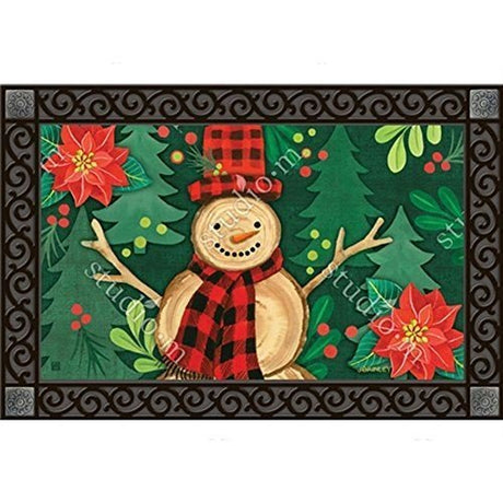 Outdoor Christmas doormat with a wooden snowman wearing a hat and scarf, surrounded by trees, flowers, and holly.